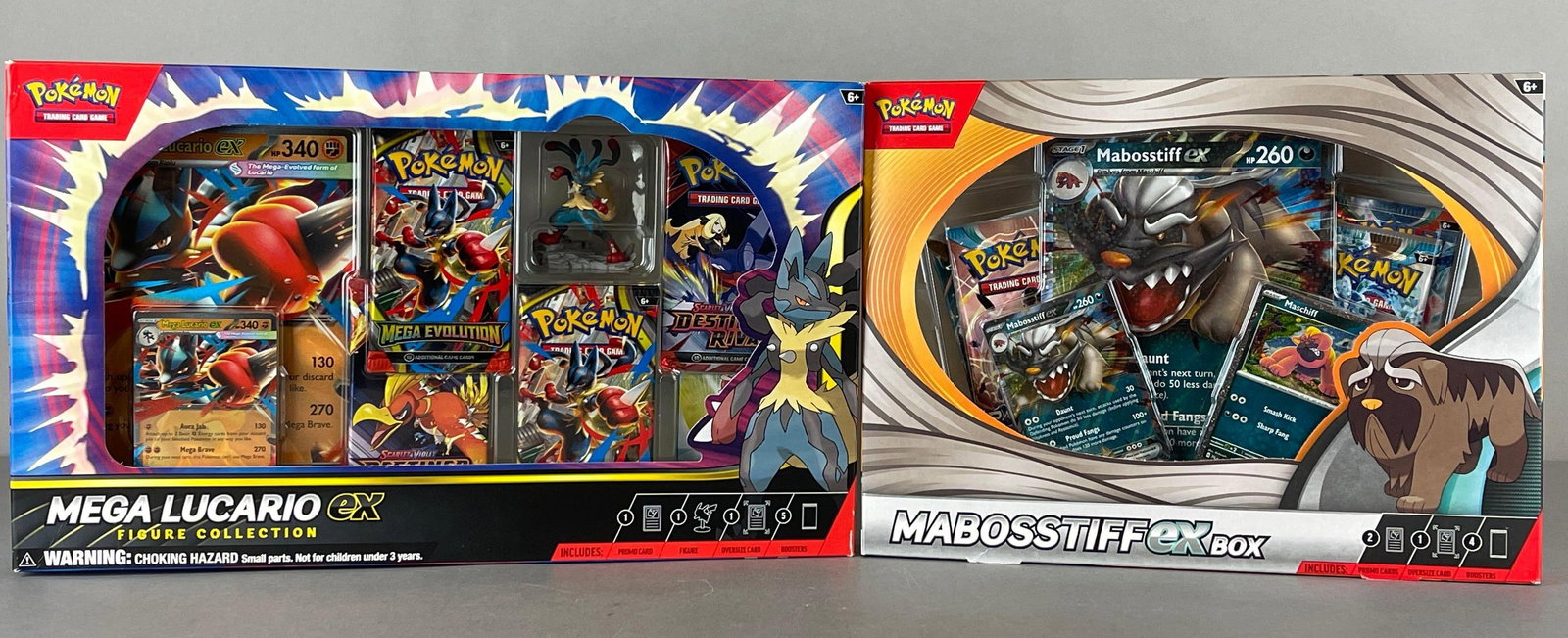 2025 Pokemon Mega Lucario ex Figure Collection Box + 2024 Mabosstiff ex Box: Lucario ex includes 1 Etched foil promo, 1 - oversized promo, 1 - Figure, 5 - Booster packs, 2024 Mabosstiff ex includes 1 - foil Promo, 1 - Foil Maschiff, 1 - oversized foil, and 4 - Booster packs