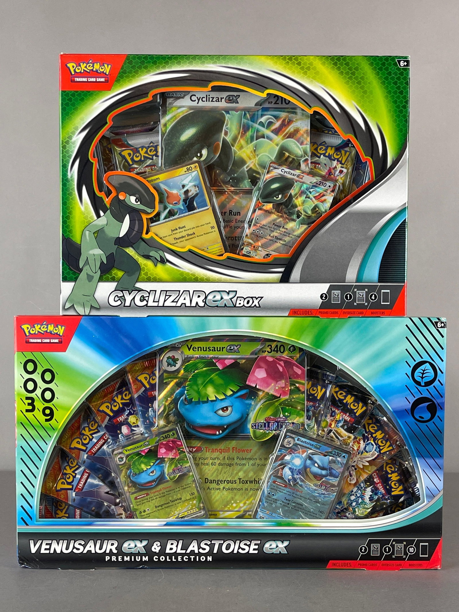 2025 Pokemon Venusaur ex and Blastoise ex Premium Collection Box + 2023 Cyclizar ex Box: 2025 Premium Collection Box includes 2 - Featured foil cards, 1 - oversized foil, and 10 - booster packs + 2023 Cyclizar ex Box includes 1 - foil promo, 1 - foil Rotom, 1 - Oversized, and 4 - Booster