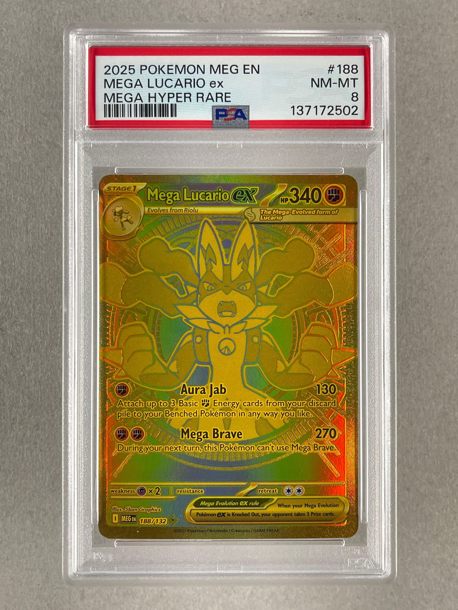 Gold 2025 Pokemon Mega Hyper Rare Mega Lucario ex #188 PSA 8: Gold 2025 Pokemon Mega Hyper Rare Mega Lucario ex #188 PSA 8