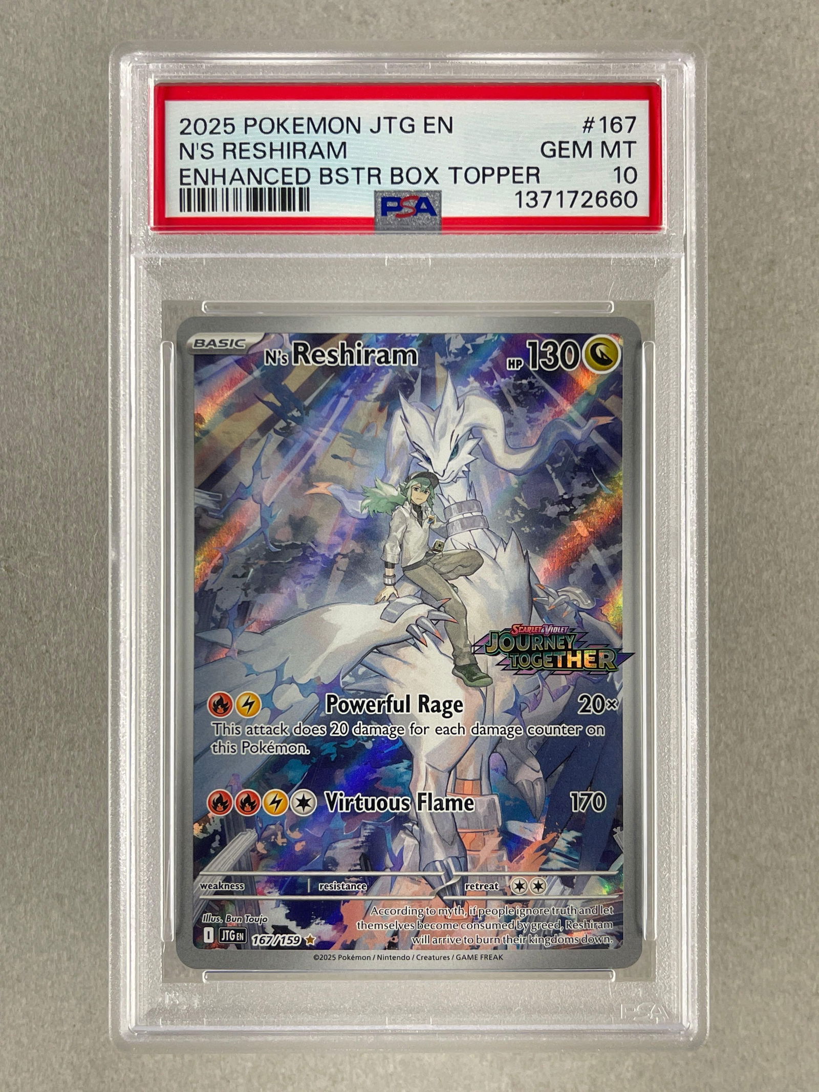 2025 Pokemon Journey Together Enhanced Booster Box Topper Ns Reshiram #167 PSA 10: 2025 Pokemon Journey Together Enhanced Booster Box Topper Ns Reshiram #167 PSA 10
