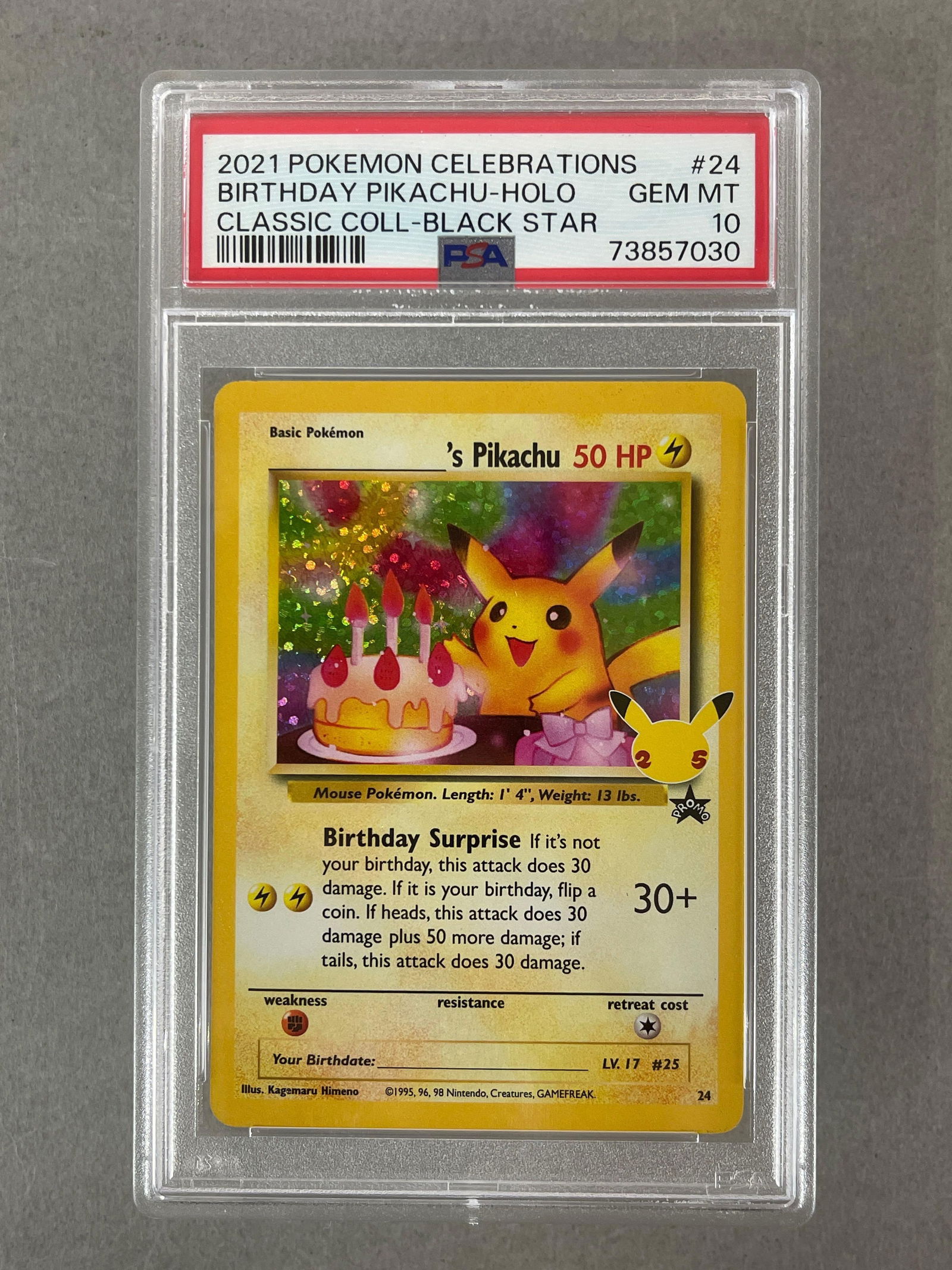 2021 Pokemon Celebrations Classic Coll - Black Star Birthday Surprise - Holo Birthday Pikachu PSA 10: 2021 Pokemon Celebrations Classsic Collection - Black Star Birthday Surprise - Holo Birthday Pikachu #24 PSA 10