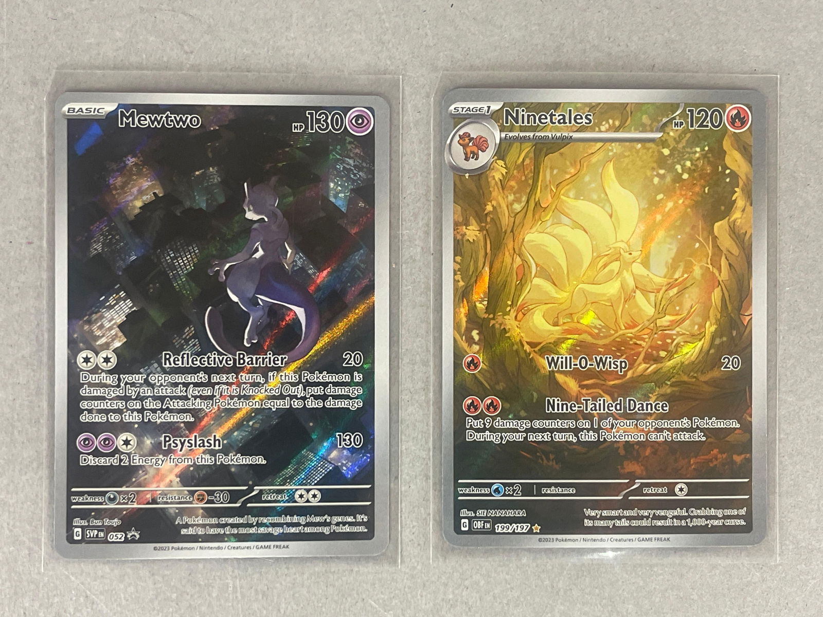 2023 Pokemon SVP 151 Illustration FA MewTwo #52 and 2023 SV Obsidian Flames FA Ninetales #199/197: 2023 Pokemon SVP 151 Illustration FA MewTwo #52 Black Star Promo Illustration, Batman like, and 2023 SV Obsidian Flames FA Ninetales #199/197