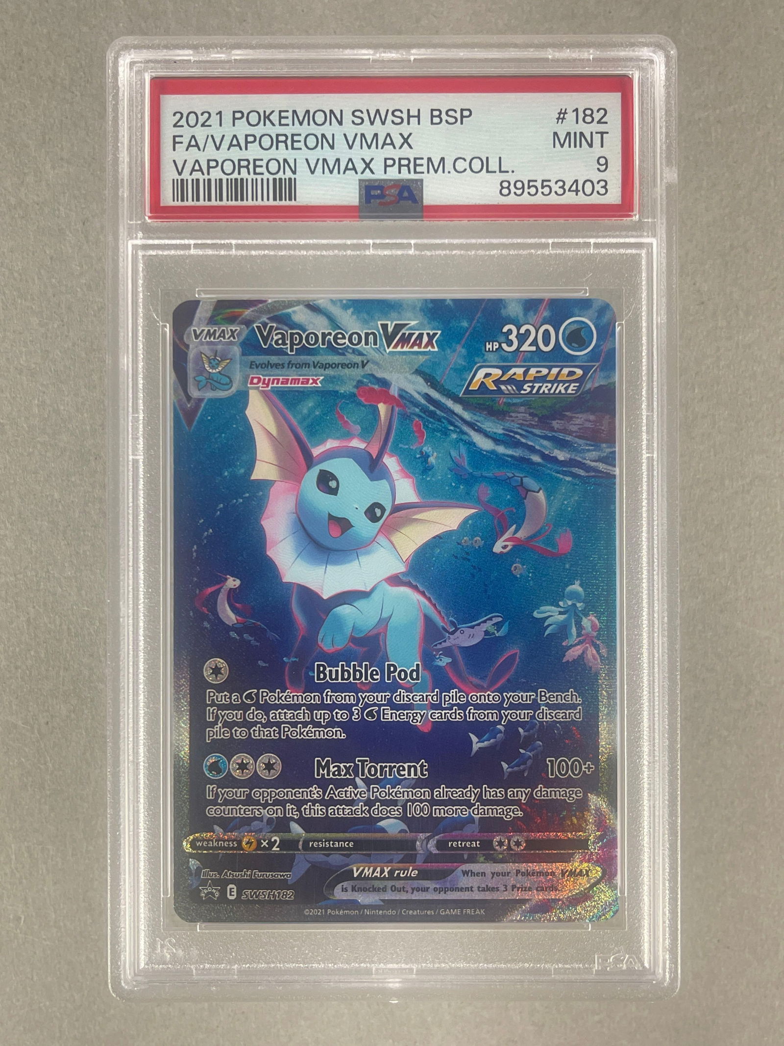 2021 Pokemon Sword and Shield Vaporeon VMAX Premium Collection Full Art Vaporeon VMax #182 PSA 9: 2021 Pokemon Sword and Shield Vaporeon VMAX Premium Collection Full Art Vaporeon VMax #182 PSA 9
