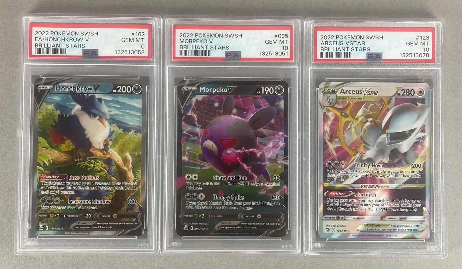 3 - 2022 Pokemon Sword and Shield Brilliant Stars PSA 10s: Full art Honchkrow V #162, Morpeko V #095, and Arceus VStar #123, All PSA 10