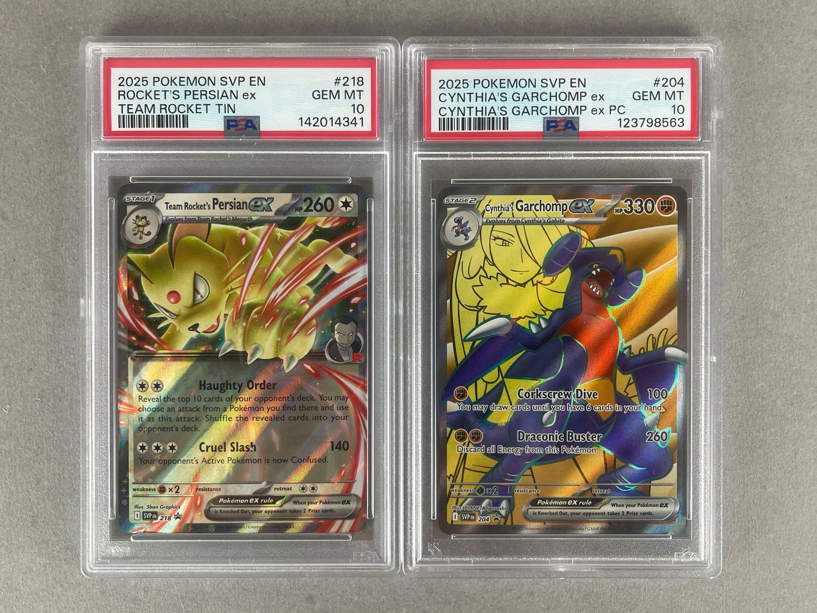 2 - 2025 Pokemon SVP Holo ex #218 and #204 PSA 10: Team Rocket Collection Tin Rockets Persian ex #204, Cynthia Full Art Garchomp ex #204, Both PSA 10
