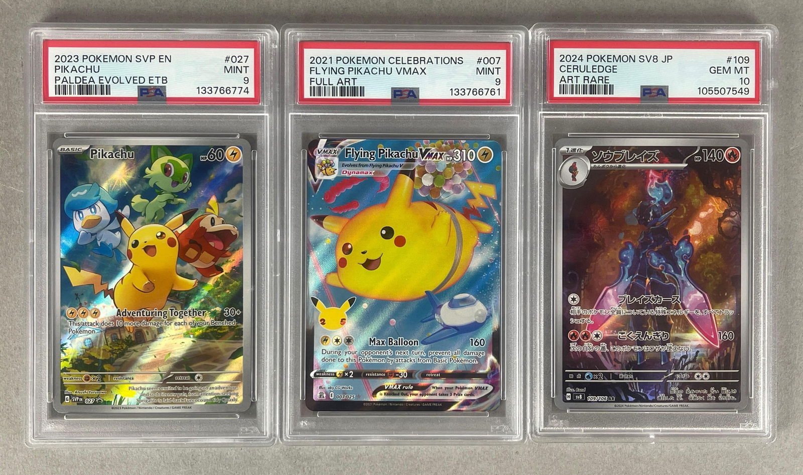 3 - Full art Pokemon Cards with Pikachu: 2021 Celebration Flying Pikachu #007, 2023 Paldea Evolved EBT Pikachu #027, 2024 Pokemon SV8 Japanese Rare art Ceruledge #109 PSA 10