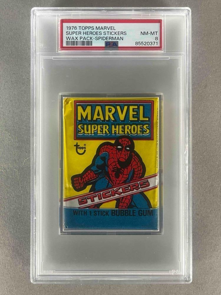 1976 Topps Marvel Wax Pack Super Heroes Stickers - Spiderman PSA 8: 1976 Topps Marvel Wax Pack Super Heroes Stickers - Spiderman PSA 8