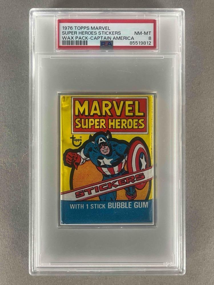 1976 Topps Marvel Wax Pack Super Heroes Stickers - Captain America PSA 8: 1976 Topps Marvel Wax Pack Super Heroes Stickers - Captain America PSA 8