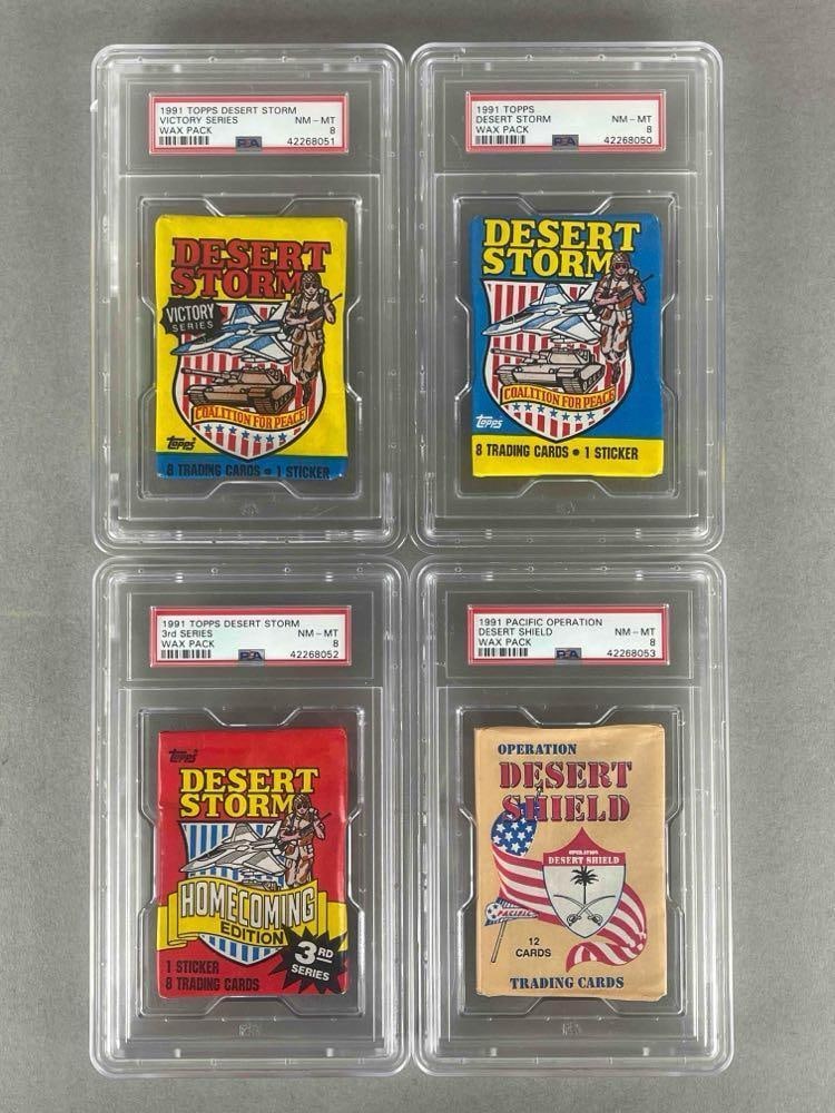 4 - 1991 Military Wax Packs PSA 8s: 4 - 1991 Military Wax Packs PSA 8s, All different series, Desert Shield, Desert Storm, Victory Series, and More