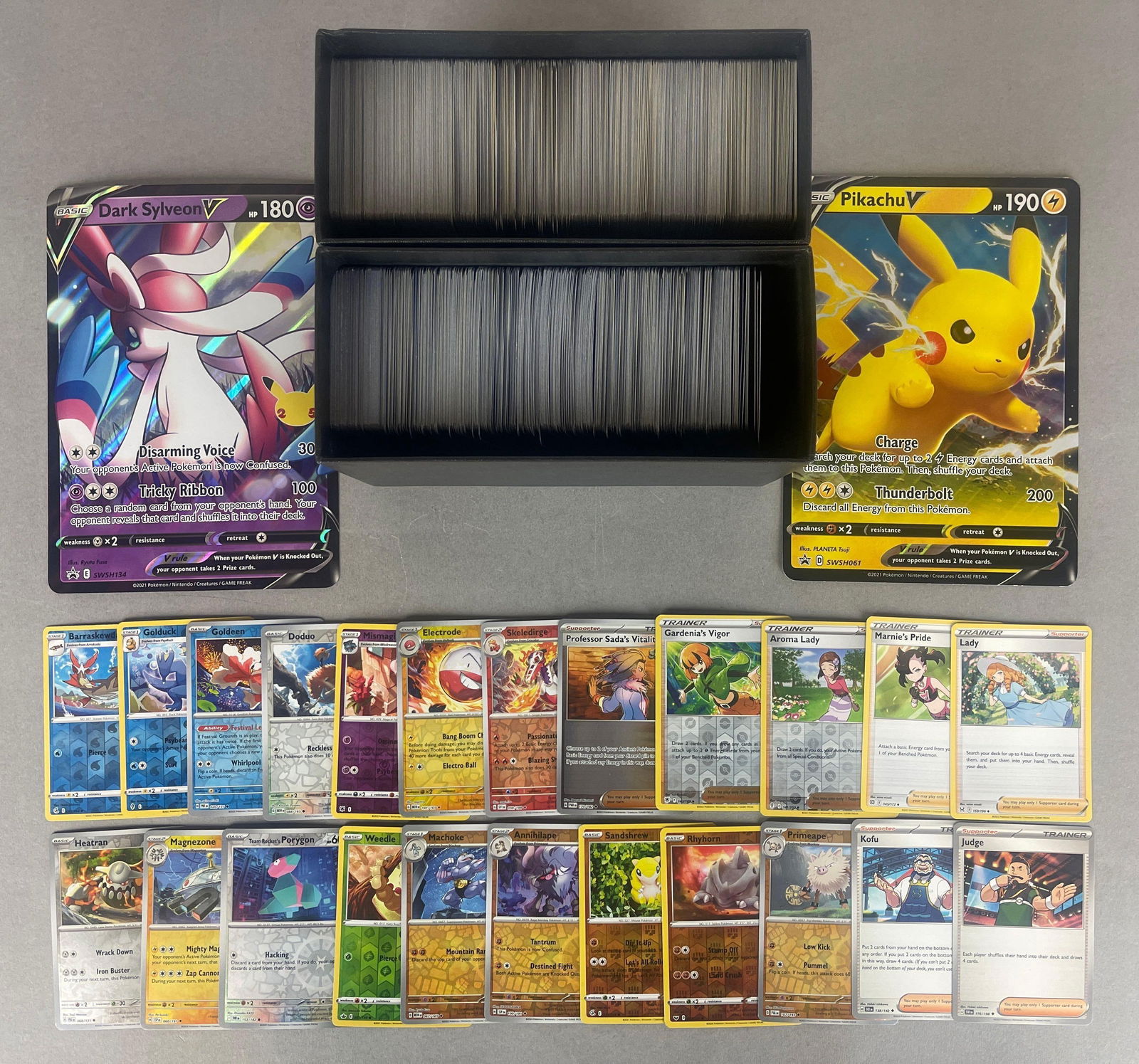 1150+ 2017 - 2025 Pokemon Cards with Rares, Reverse Holo, and Jumbo Cards: Includes a few 2017, Mainly 2020 and newer, Jumbo Dark SylveonV and PikachuV, and Much More, Jumbo card measures 5 1/4 x 7 1/2 Inches