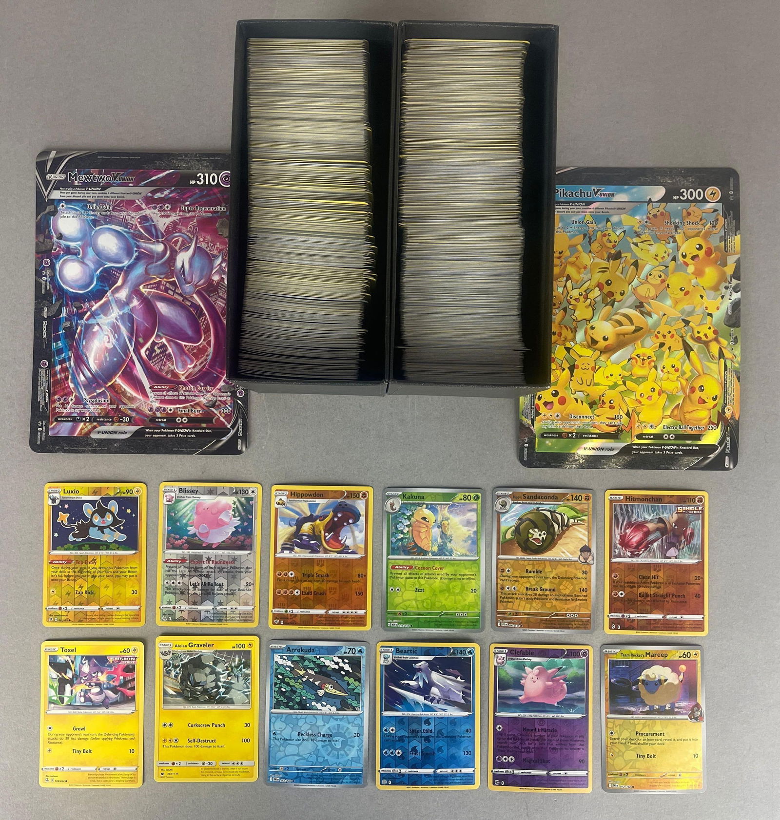 1150+ 2017 - 2025 Pokemon Cards with Rares, Reverse Holo, and Jumbo Cards: Includes a few 2017, Mainly 2020 and newer, Jumbo MewTwoV Union and PikachuV Union, and Much More, Jumbo card measures 5 1/4 x 7 1/2 Inches
