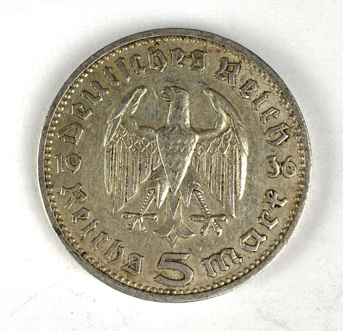 1936 WW2 German Paul von Hindenburg 5 Reichsmark 90% Silver Coin: 1936 WW2 German Paul von Hindenburg 5 Reichsmark 90% Silver Coin