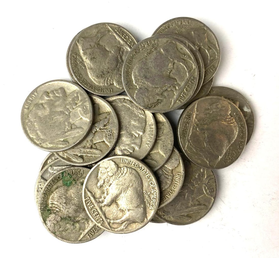 Group of 20 Buffalo Nickels: Includes years 1937, 1936, 1935 and more.