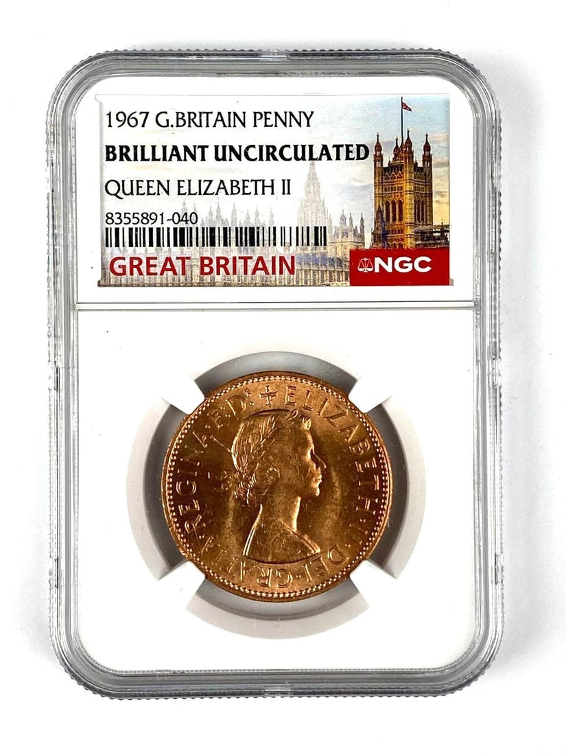 1967 Great Britain Penny NGC Graded BU: Brilliant uncirculated, Queen Elizabeth II
