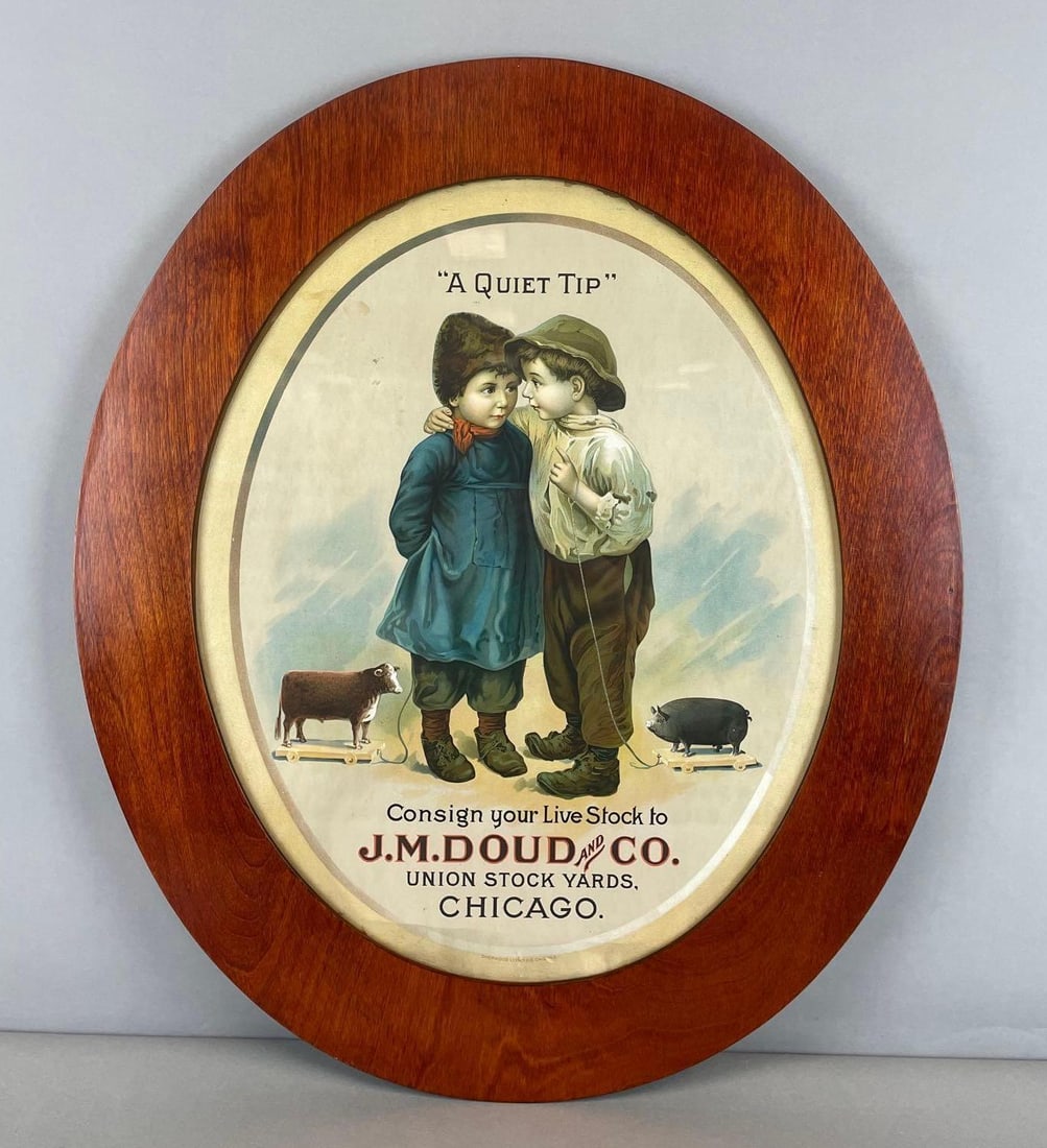Antique J.M. Doud Chicago Union Stockyards Advertising Lithograph: A quiet tip, some damage at top and bottom litho measures 21 3/4 x 18 inches, frame measures 27 3/4 x 23 3/4 inches