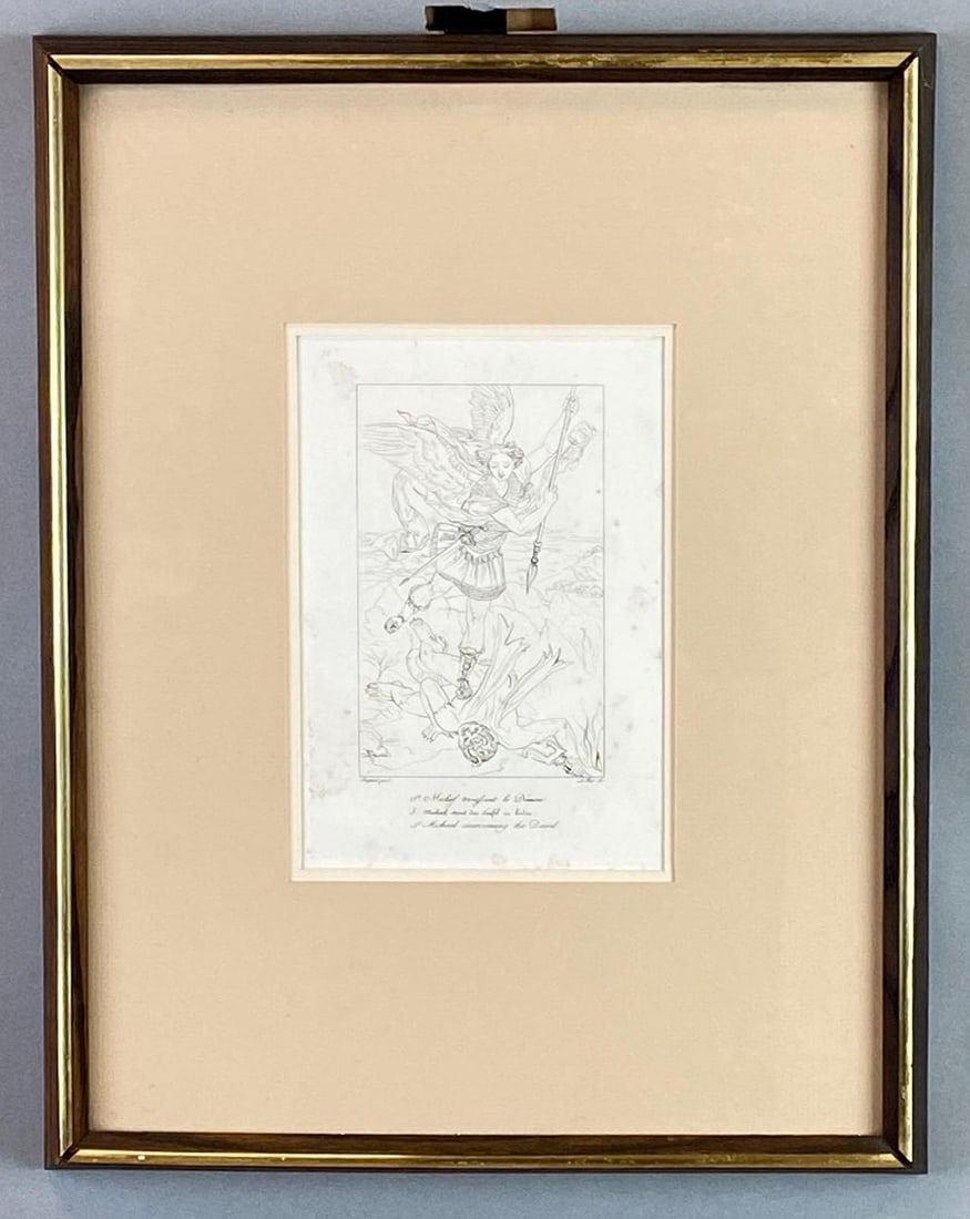 Le Bas St. Michael Overcoming the Devil Lithograph: Frame measures 18 1/2 x 14 1/2 inches, Lithograph measures 9 x 6 1/2 inches.