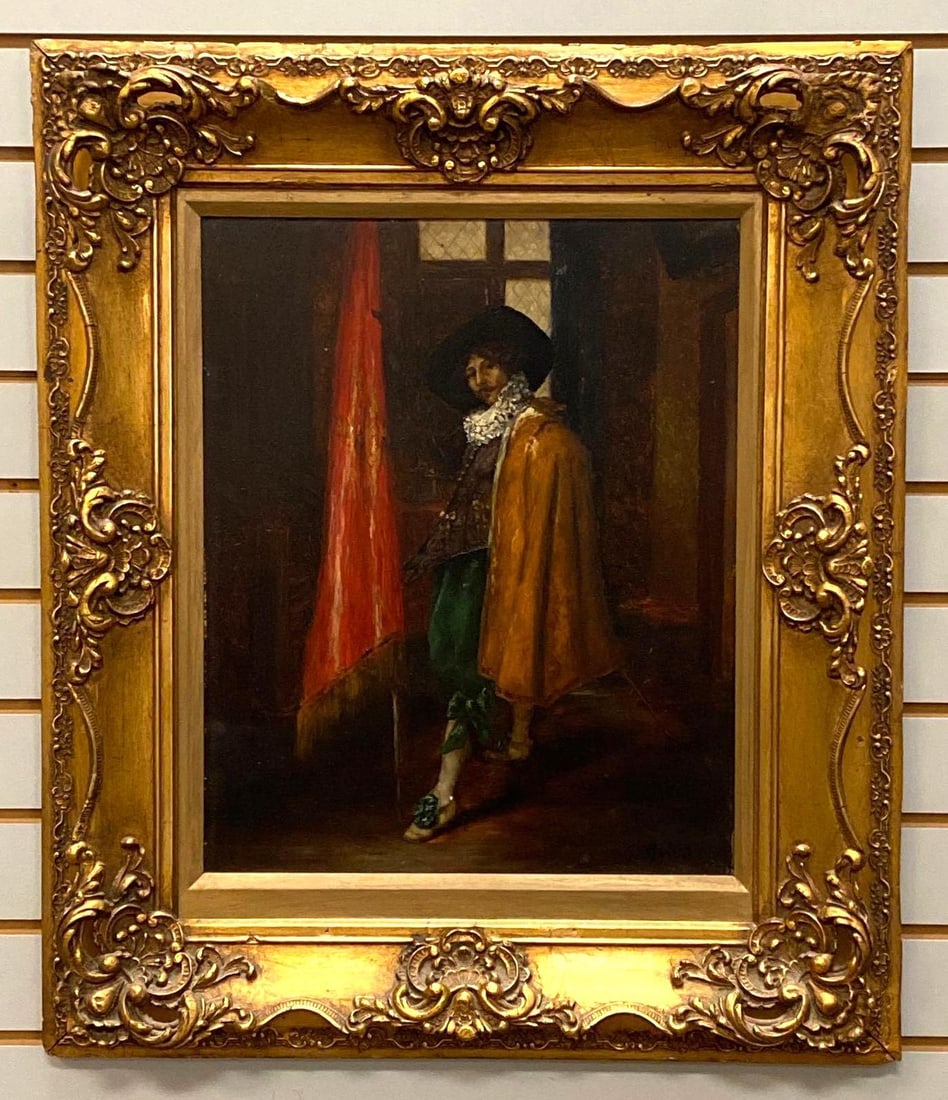 G. Barrier Standard Bearer Oil on Board: Gustave Barrier (French, 19th Century) depicting a standard bearer. Panel size is 18 1/8" x 14 3/4" and overall size with gilt frame is 27" x 23". Signature on bottom right corner