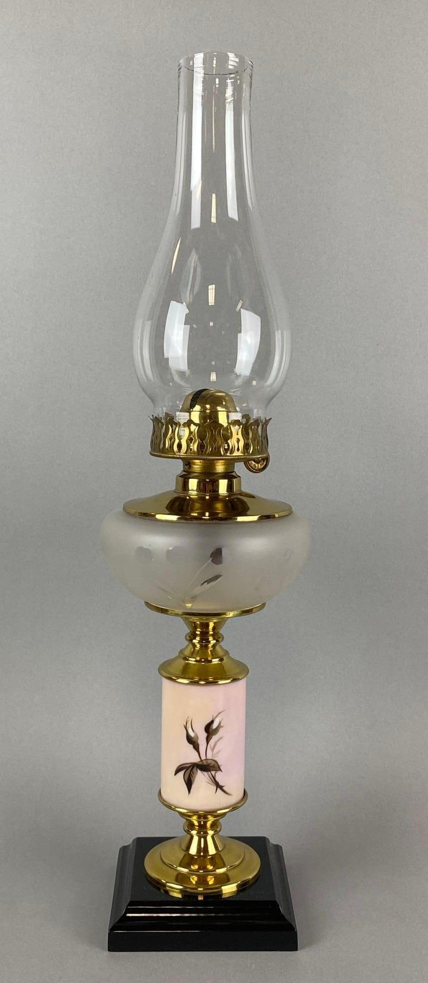 Antique Hand Painted Floral Motif Oil Lamp: Chimney has a small chip on bottom edge. Measures 22 x 6 x 6 inches.