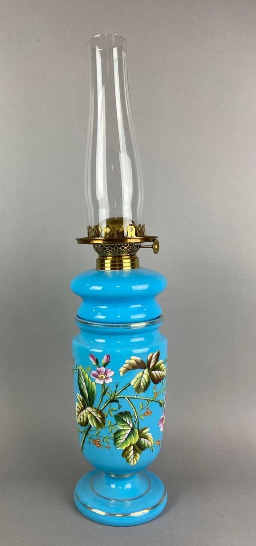 Antique Blue Hand Painted Floral Motif Oil Lamp: Gold Gilt has wear. Measures 24 1/2 x 5 1/2 x 5 1/2 inches.
