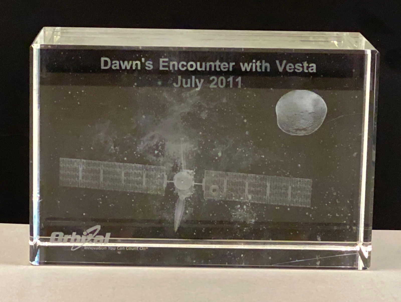 Orbital July 2011 Dawns Encounter With Vista Laser Etched Glass Block: Measures 4 3/4” H x 7” W x 4” D