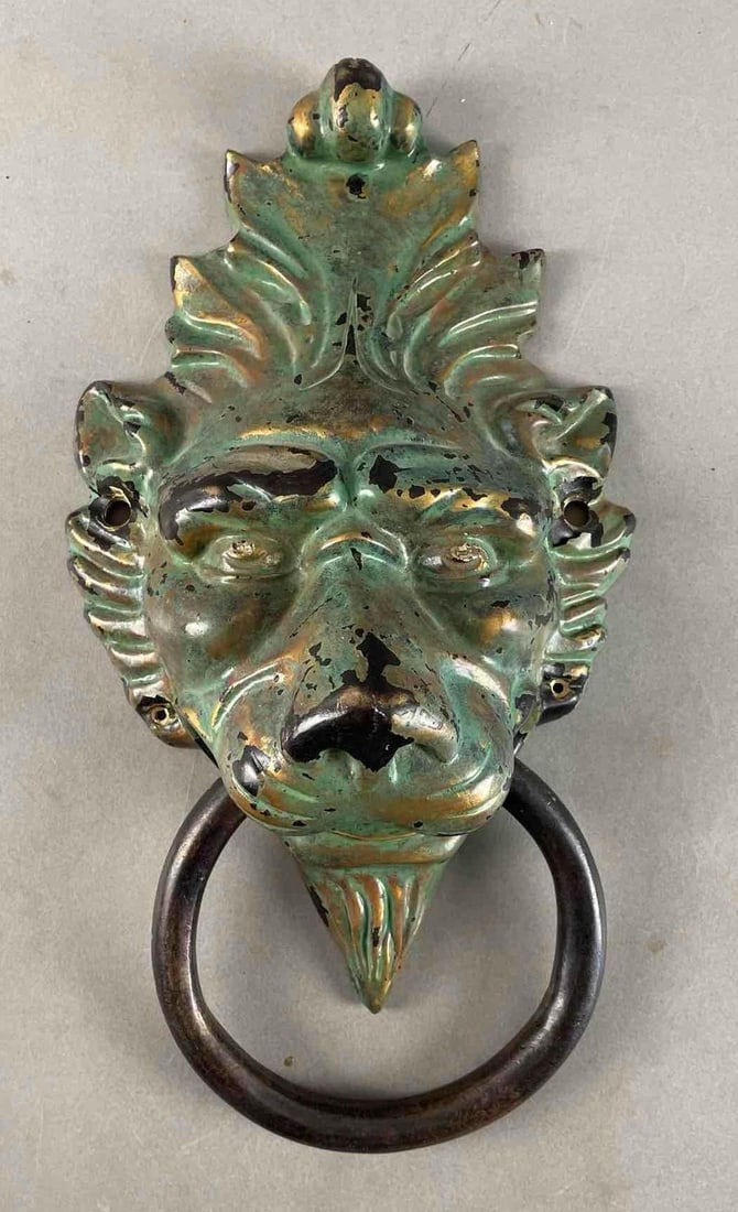 Vintage Patinated Brass Lion Head Door Knocker: Measures 14" x 7 3/4" x 4"