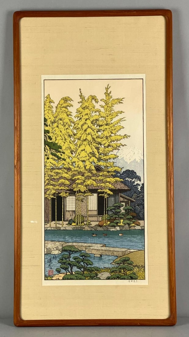 Toshi Yoshida Vintage Friendly Garden Woodblock Print: 1 part of 3 part series, bamboo tree, Frame measures 31” H x 16” W