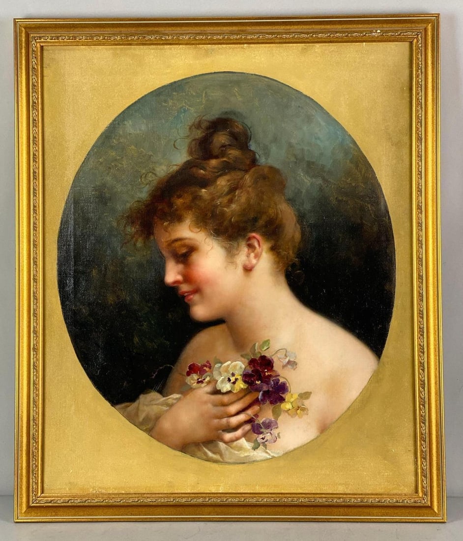 1896 Artist Signed Portrait of Woman Oil Painting on Canvas: Artist signature in center left, frame measures 26 1/2” H x 22 1/2” W, canvas measures 24” H x 20” W