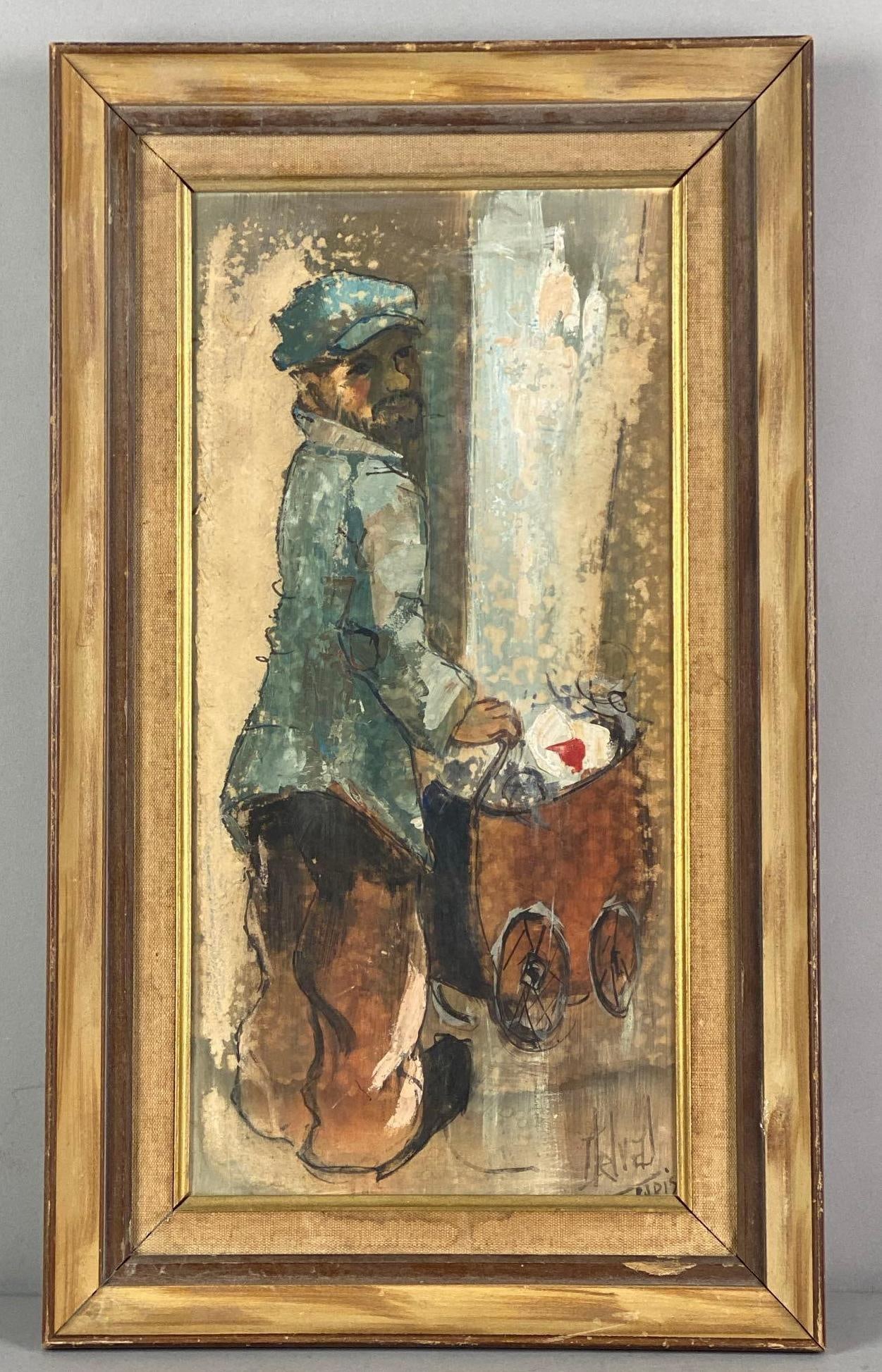 Antique Artist Signed Oil Painting On Board: Artist signature in bottom right corner, some moisture damage shown, measures 20” H x 11 1/2” W