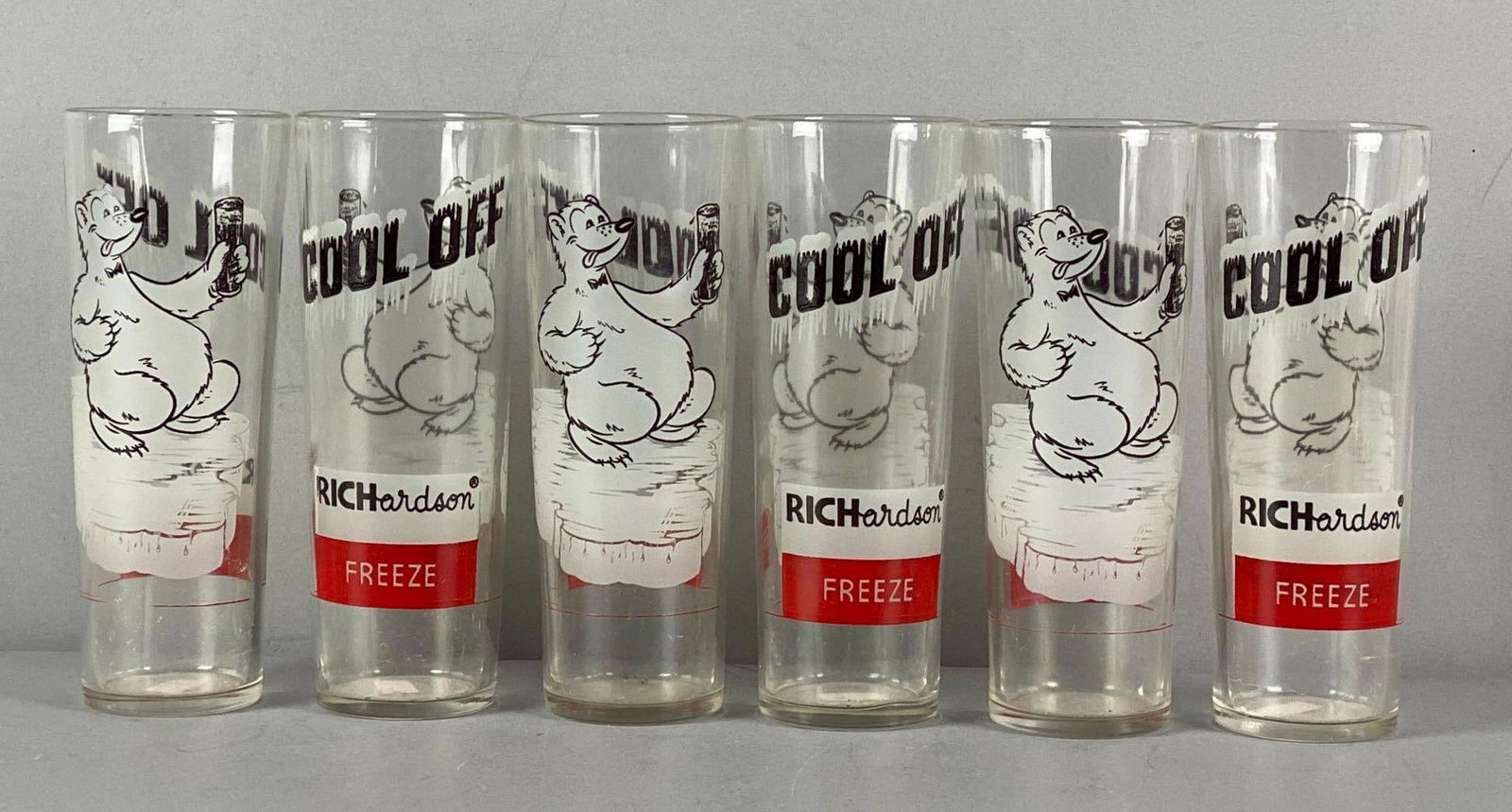 Group of 7 Richardson Root Beer Cool Off Advertising Glasses: Each measures