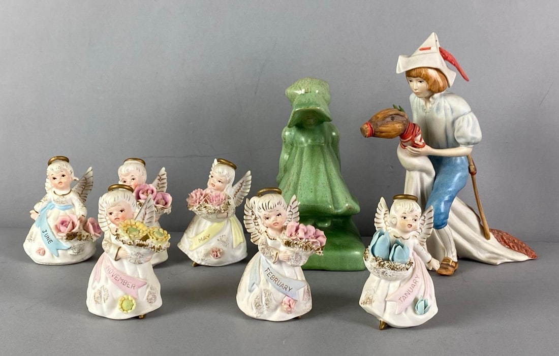 Group of Porcelain Figurines: Includes Month Angels, girl and boy, largest measures 9” H x 9” W x 4” D