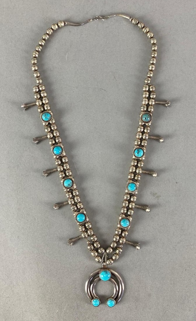 Signed SJB Sterling Silver Turquoise Squash Blossum Necklace: Measures 25” in length