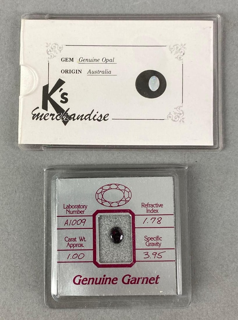 Group of 2 Gemstones: Includes Garnet and Australian Opal, largest card measures 2 1/2” H x 3 1/2” W
