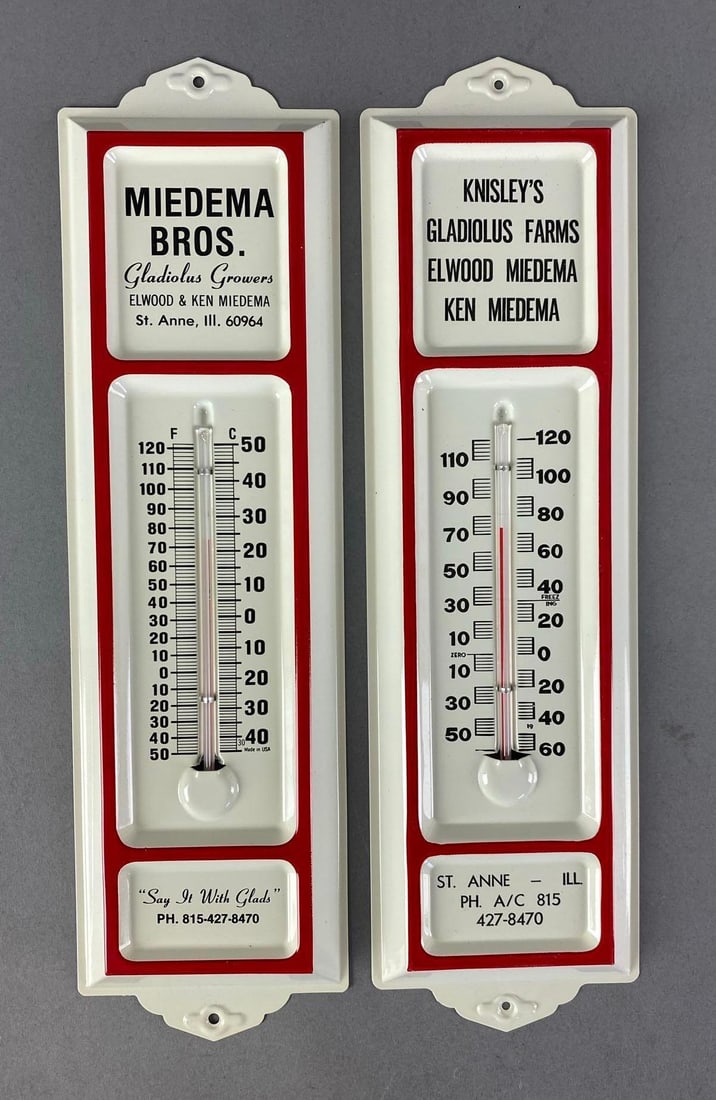 Group of 2 Illinois Advertising Thermometers: Both In working condition, Includes Miedema Bros and Knisleys Gladiolus farms, each measures 13” H x 3 1/2” W