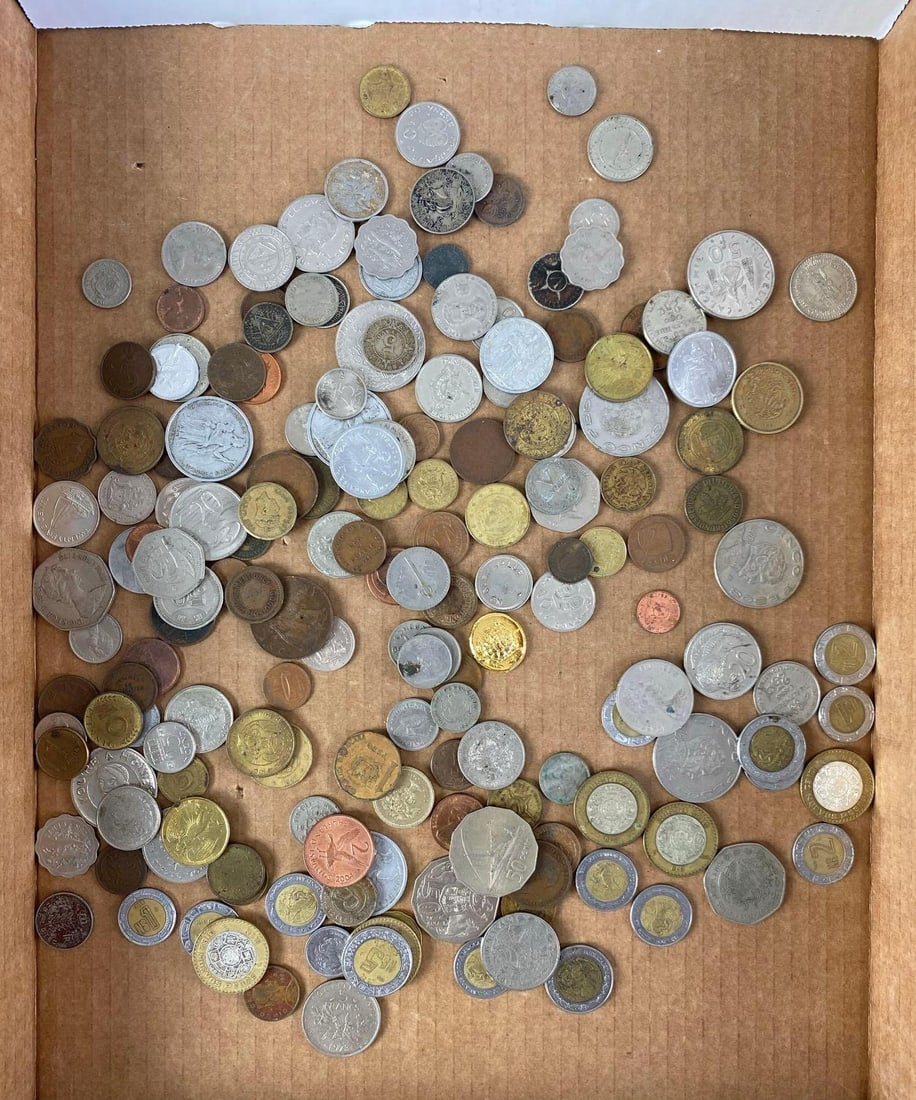 Group of Assorted Coins and Tokens: Includes French, Mexican, Chinese and more, largest measures 1 1/4” in diameter