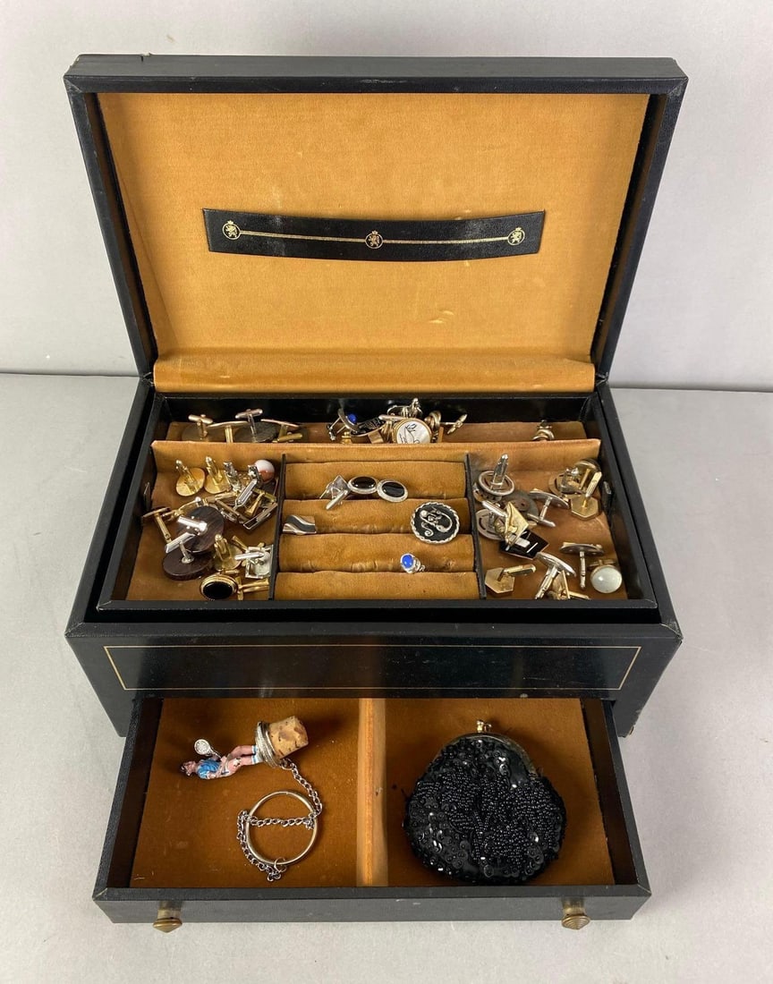 Group of Costume Jewlery: Includes cuff links, tie pin, stopper and more, case measures 6” H x 13” W x 8” D