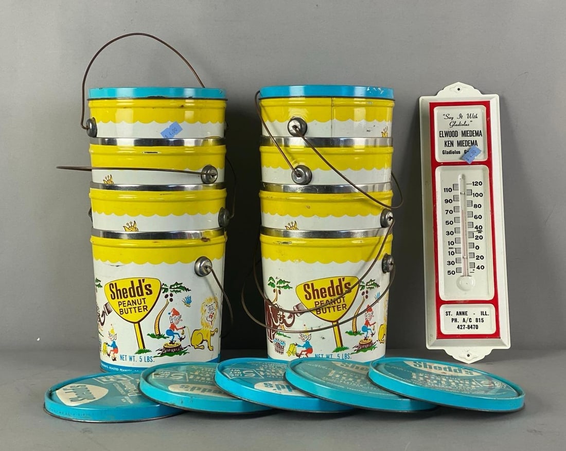 Group of Shedds Peanut Butter Advertising Buckets and More: Includes 8 shedds buckets and 1 Advertisimg thermometer, thermometer measures 13 1/2” H x 3 1/2” W