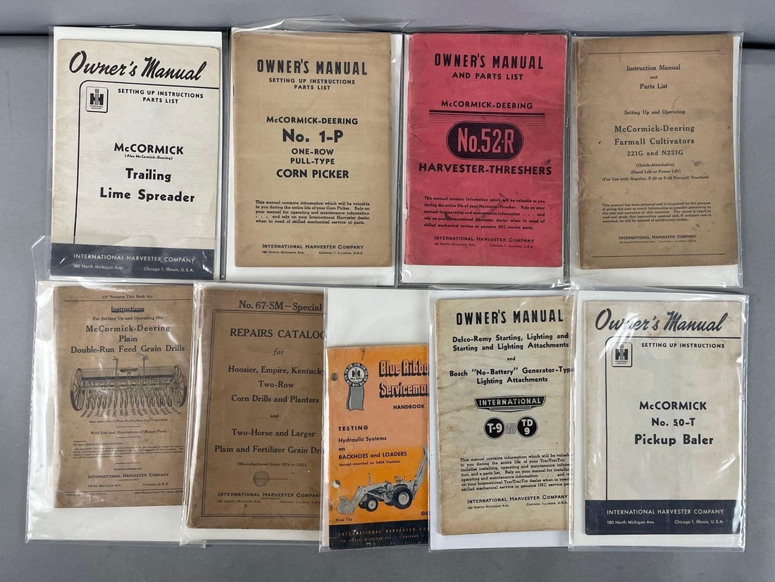 Group of Vintage International Harvester Owners Manuals: Includes McCormick Deering, farmall cultivators, farm equipment