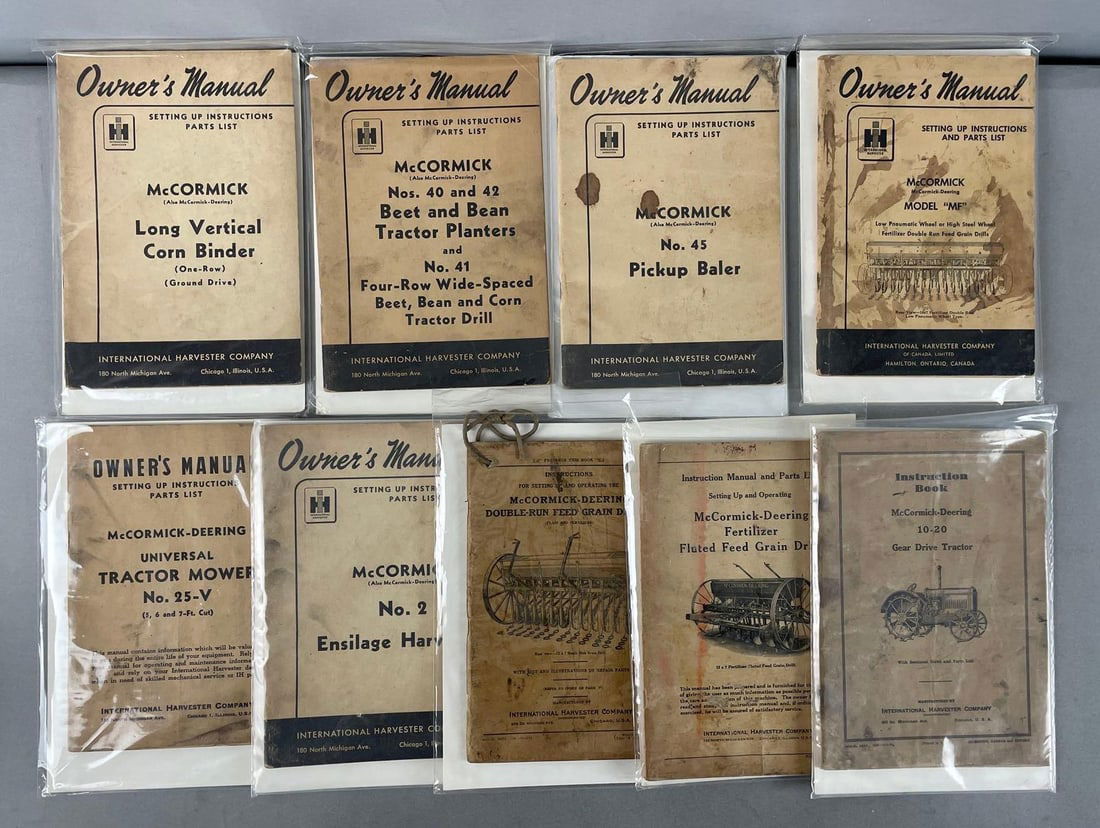 Group of Vintage International Harvester Operator's Manuals: McCormick Deering, tractor, mower, baler