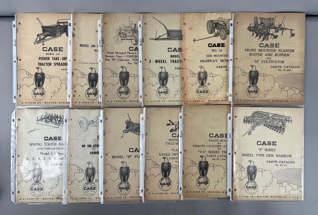 Group of Vintage J.I. Case Parts Catalogs: Mowers, planters, tractors