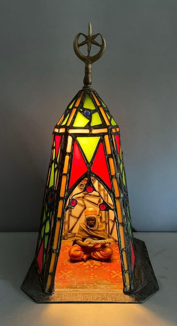 Orientalist Austrian Cold Painted and Stained Glass Tented Table Lamp (1 of 5)