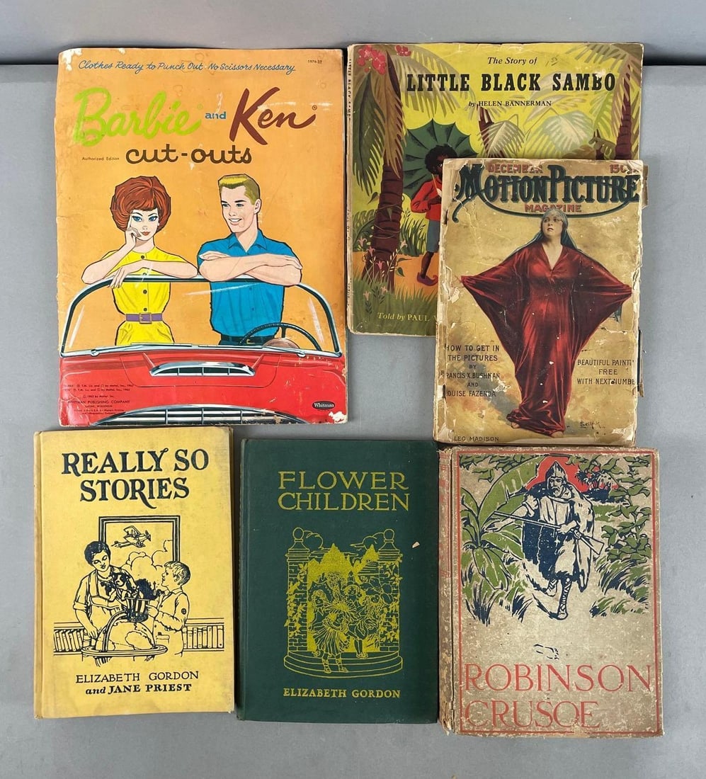 Group of Vintage Children's Books and More: Includes Barbie and Ken cutouts, little black sambo, Robinson Crusoe