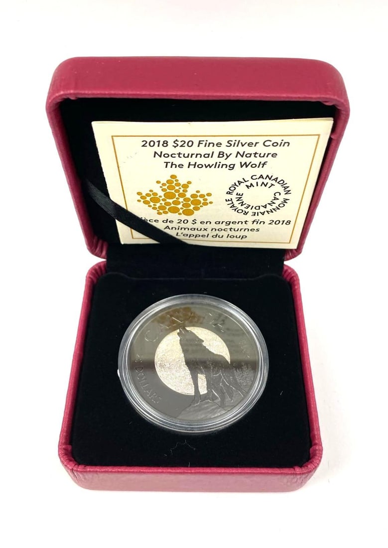 2018 Royal Canadian Mint $20 Nocturnal by Nature The Howling Wolf 1 oz 99.99 Fine Silver Proof Coin: Includes COA. Mintage of 4646/7000
