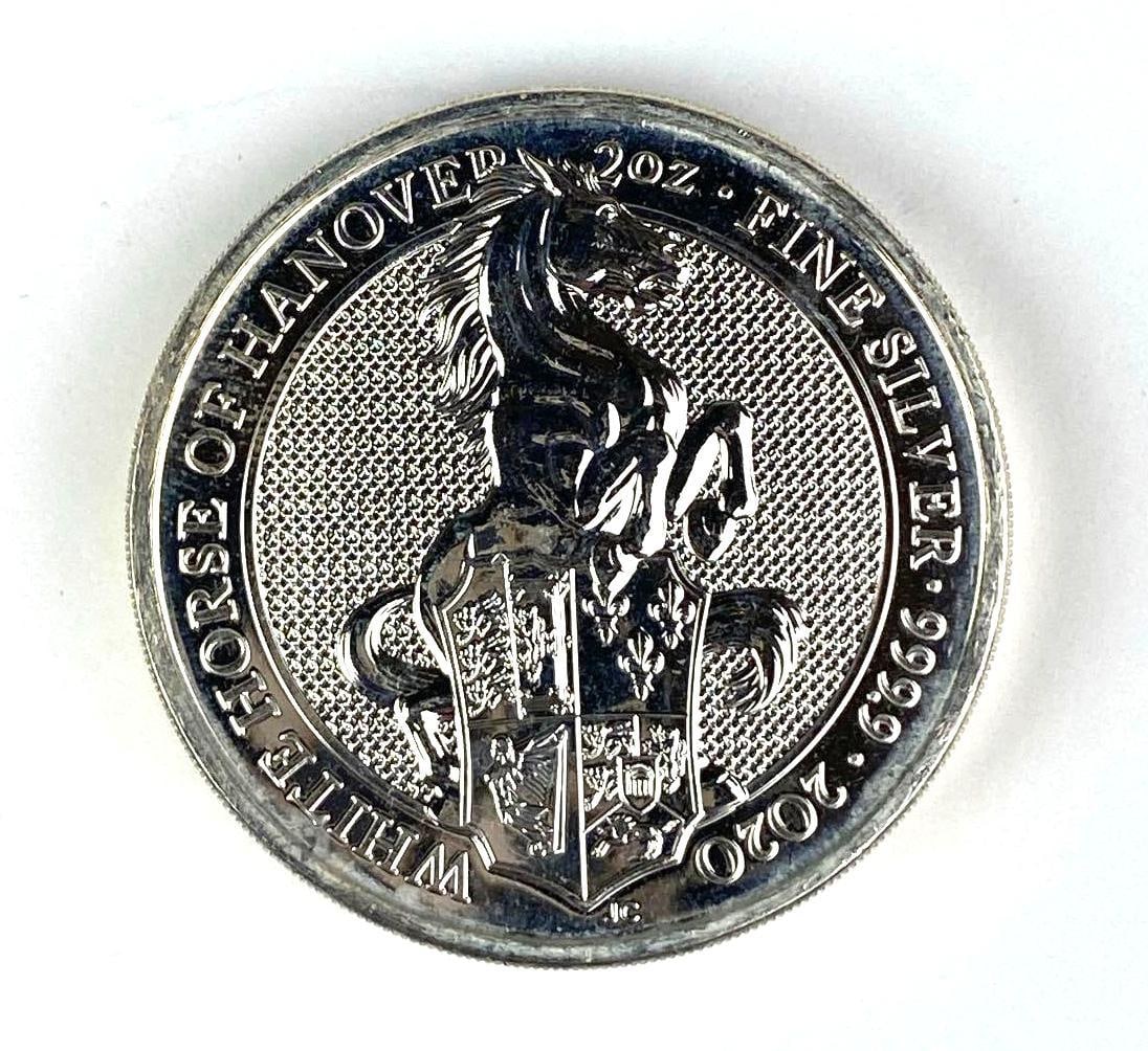 2020 Great Britain 5 Pound White Horse of Hanover 2 oz 999.9 Fine Silver Coin (1 of 2)