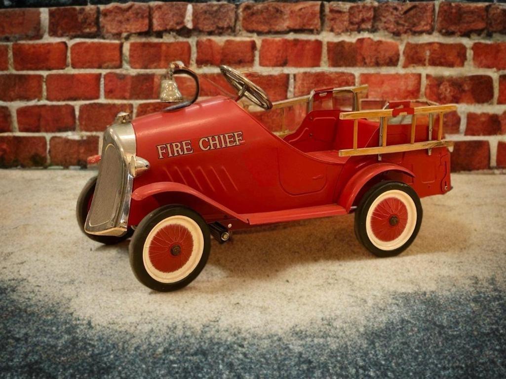 Fire Chief Fire Engine Modern Pedal Car: Mfg by Enertec Enterprises LTD. Made in China. Measures H 19 x W 17 x L 36 inches. No in house shipping. Third party recommended.