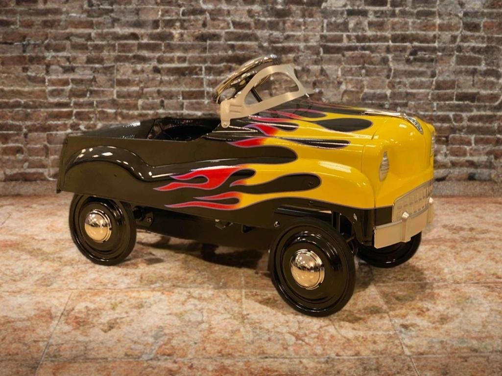 Modern Kid Top X Flaming Hot Rod Pedal Car: Made in China. Measures H 20 x W 15 x L 32 inches. No in house Shipping. Third party recommended.