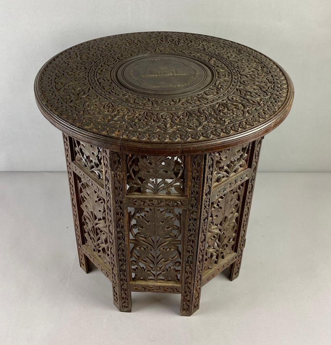 Vintage Hand Carved Folding Octagonal Teak Side Table (1 of 4)