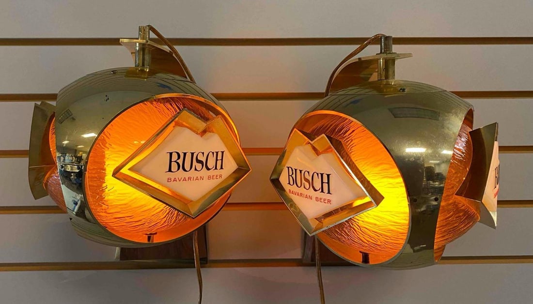 Group of 2 Busch Bavarian Beer Light Up Advertising Signs: Working condition. One measures L 11 x W 6 inches.