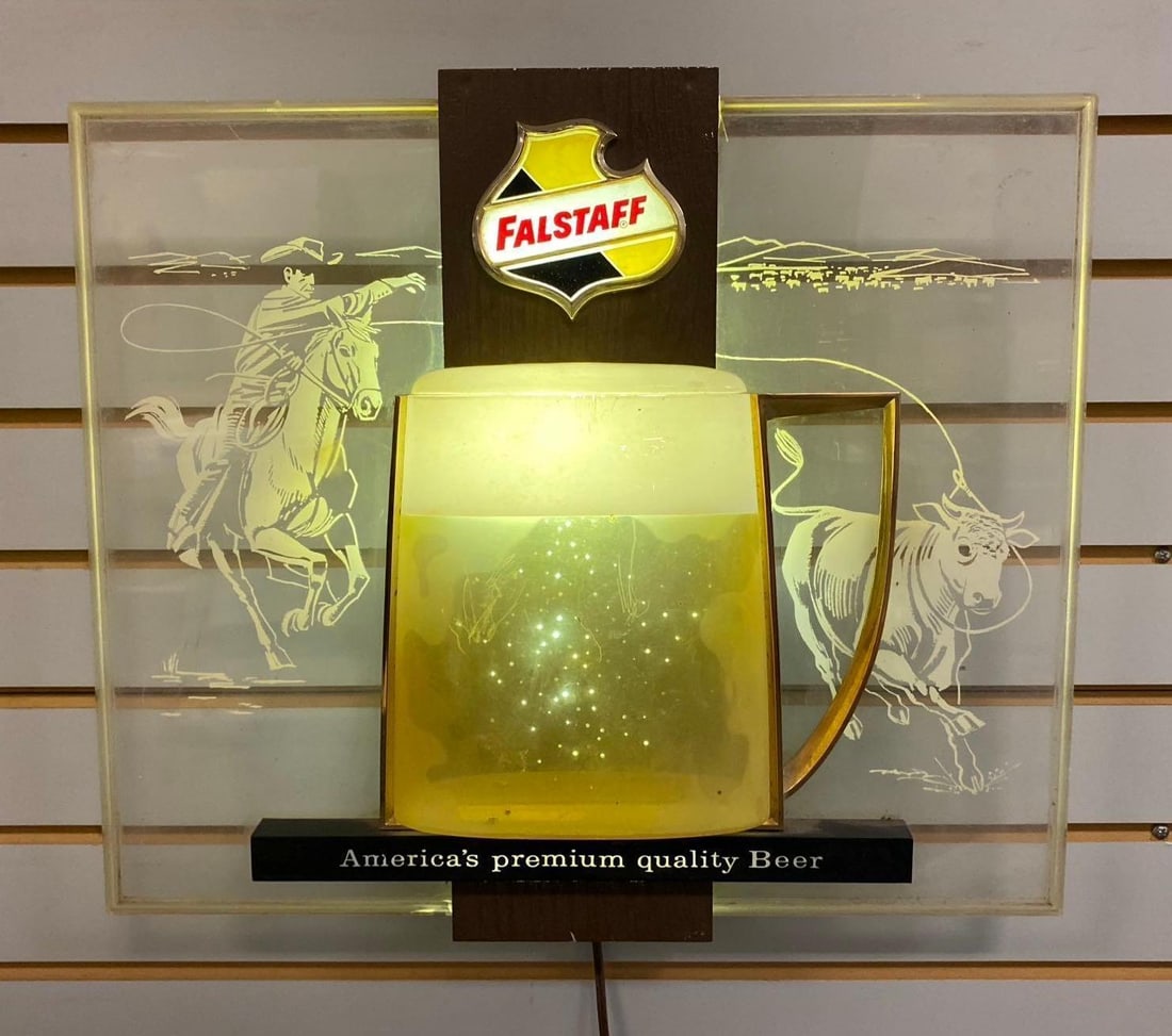 Falstaff Beer Motion Light Up Advertising Sign: Non Working Condition. Light up works but motion goes and stop irregularly. Measures H 16 x W 4 x L 18 inches.