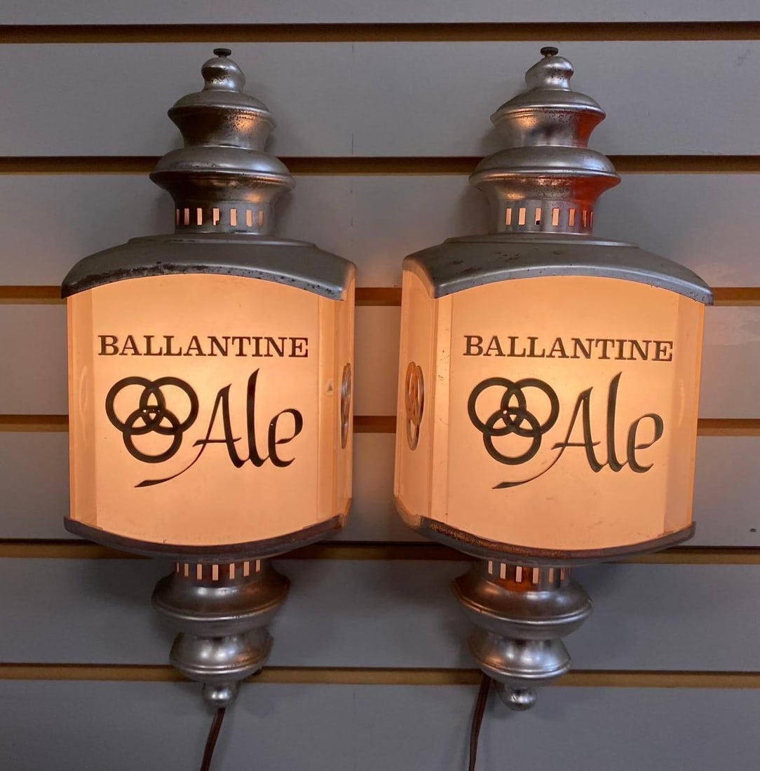 Group of 2 Ballantine Ale Light Up Advertising Lights: Working Condition. Some of the paint has rubbed off. Measures H 14 x W 3 1/2 x L 4 inches. Circa 1960’s.