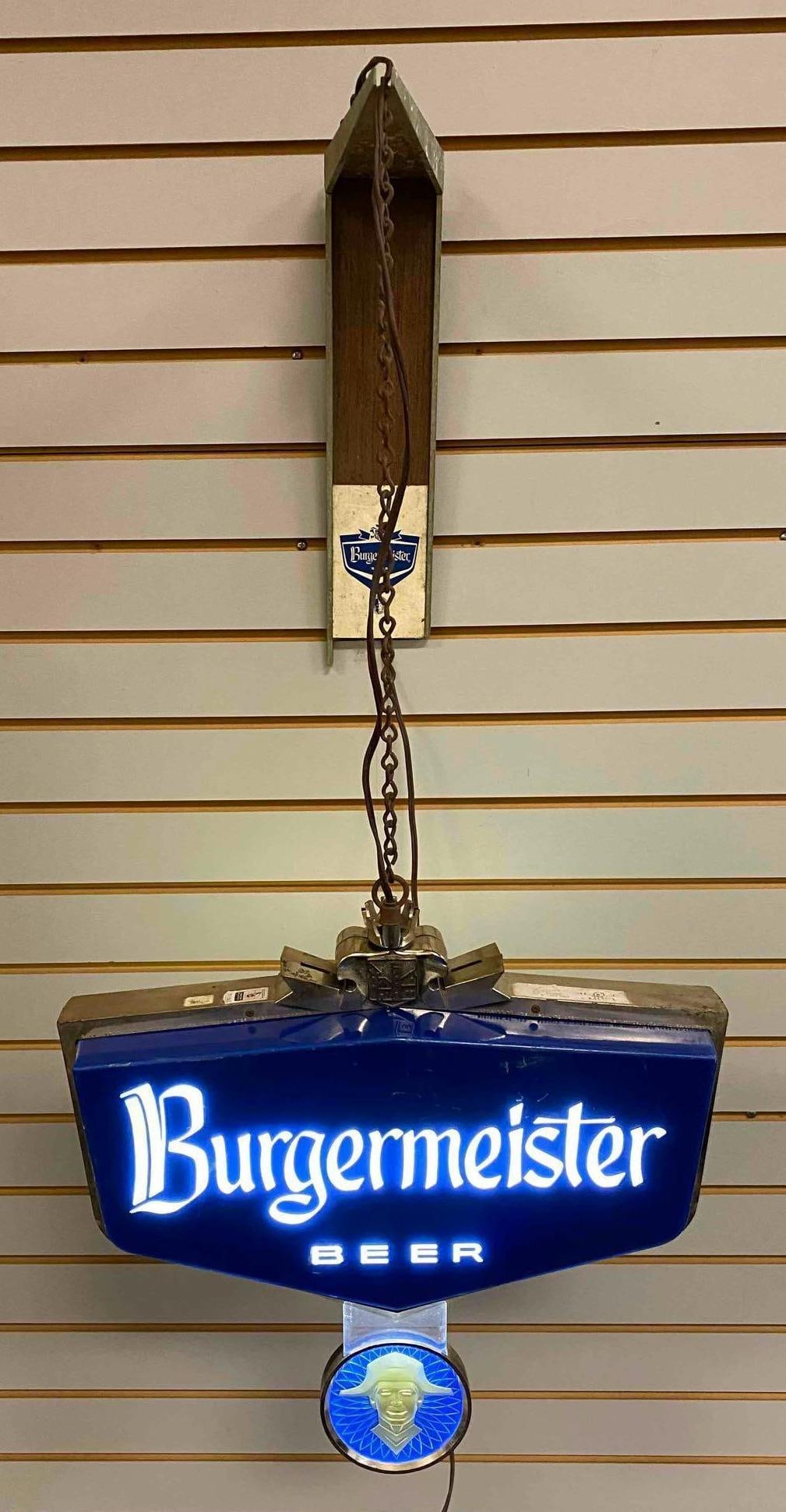 Burgermeister On Tap Beer Motion Light Up Hanging Fixture: Working Condition. Light sometimes flickers. Sign rotates on chain. Sign itself measures H 16 x W 5 x L 17 inches.
